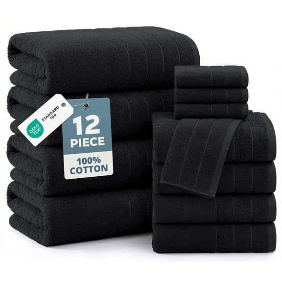 Casa Platino 12 Piece 100% Cotton Towel Set - Includes Bath Towels, Hand Towels & Washcloths - Soft & Durable Towels for Everyday Use - Black