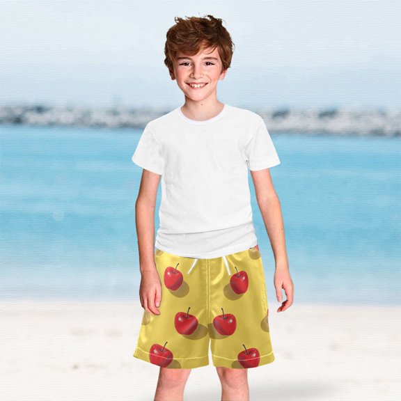 Red Apples in Yellow Boys Swim Trunks Boardshorts Swimsuit Quick Dry Board Shorts Bathing Suit 2-12T