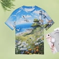 thumbnail image 4 of Lighthouse Sunrise Coast Scenery Pale Blue Tan Womens Tops Women's Fashion Casual Short Sleeve Flower Print Round Neck Pullover Top Blouse, 4 of 6