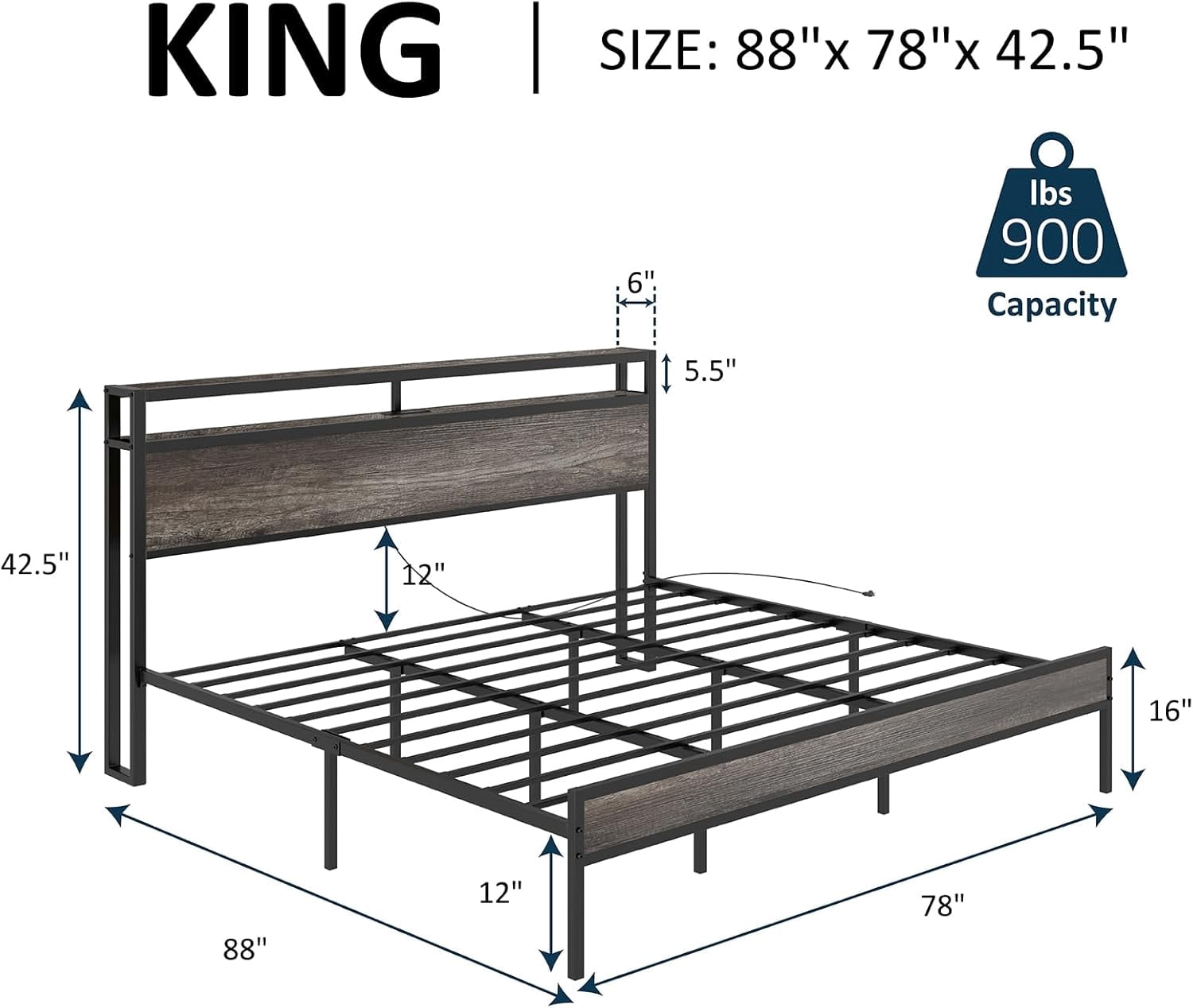 Merluxy King Size Bed Frame Industrial Platform Bed with Charging Station, 2-Tier Storage Headboard/ No Box Spring Needed/ Noise-Free/ Rustic Gray