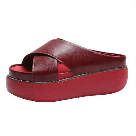 

Sandals for Women Soft Leather Wedges Slip on Sandal Vintage Casual Summer Open Toe Low Heel Slipper Flat Shoes
