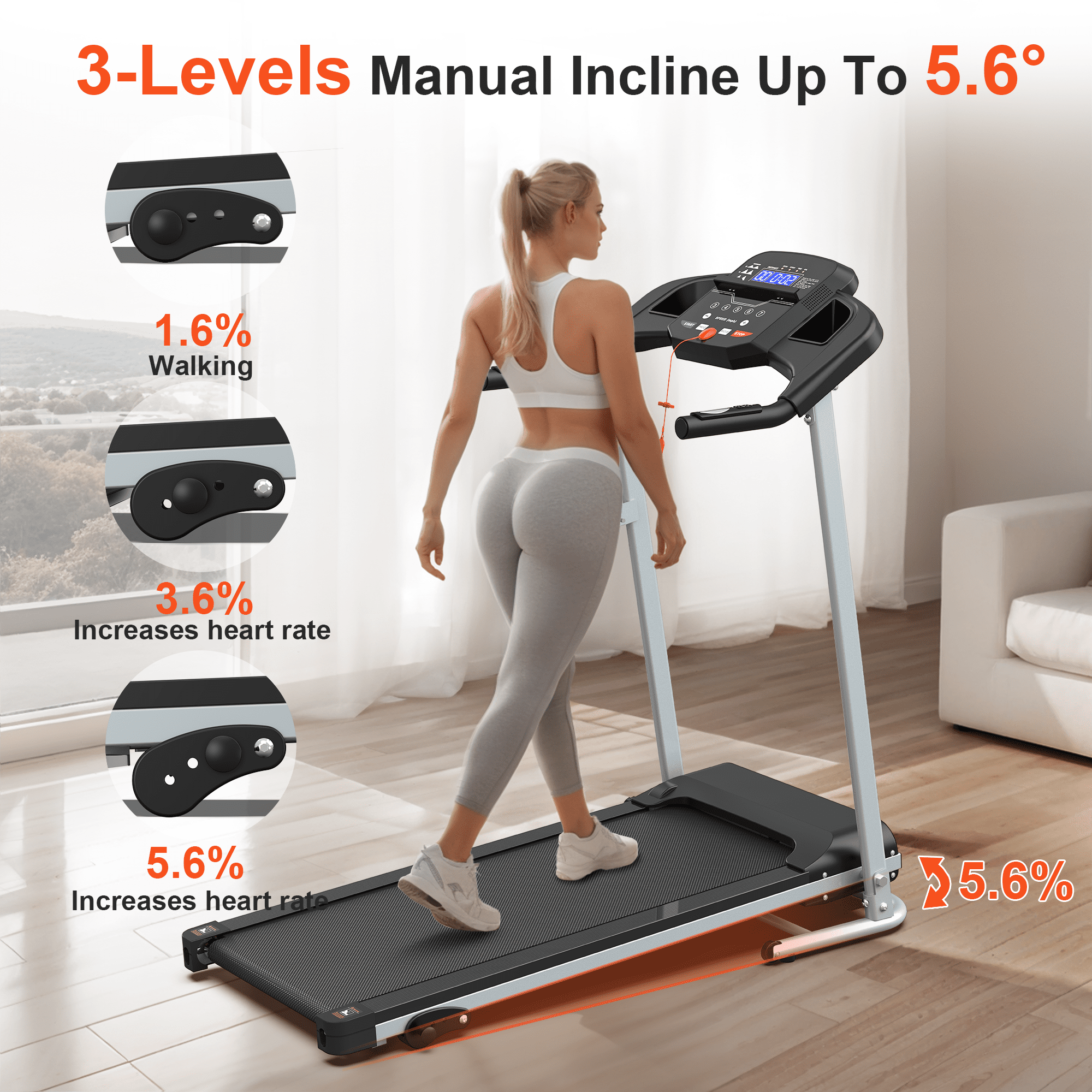 OBENSKY Foldable Electric Treadmill for Home, 2.5HP Quiet Portable Folding Small Treadmill, 7.5 MPH, LCD Display, Heart Rate Senso