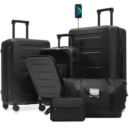 Euroco 5 Piece Front Opening Luggage Sets, Hardside Expandable Carry On Suitcase Set with USB Port,TSA Locks, Spinner Wheels and 2 Bags,Lightweight Travel Luggage for Men Women(20"/24"/28"),Black