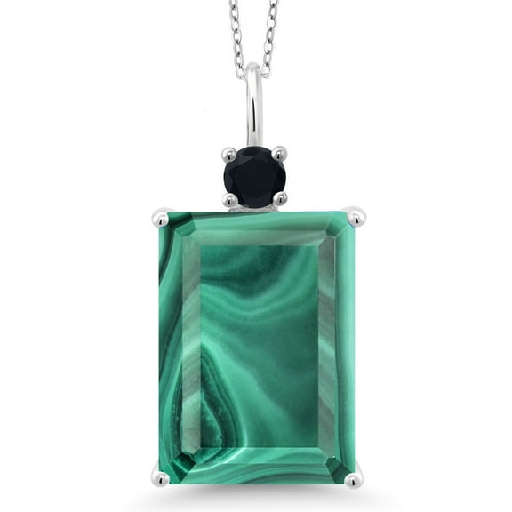 Gem Stone King 925 Sterling Silver Green Malachite and Black Onyx Pendant Necklace for Women (18.22 Cttw, Emerald Cut 18X13MM, With 18 inch Silver Chain)