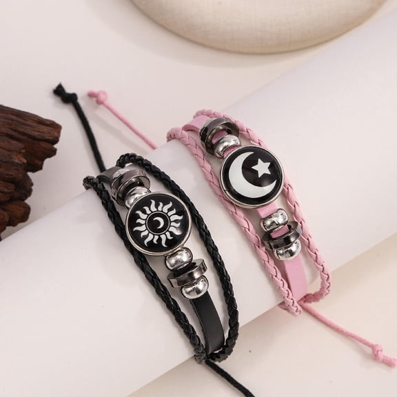 2PCS Sun Moon Braided Bracelets Adjustable Couple Bracelet Multi-Layered Beaded Bracelet Valentine's Day Jewelry Men Women Gifts