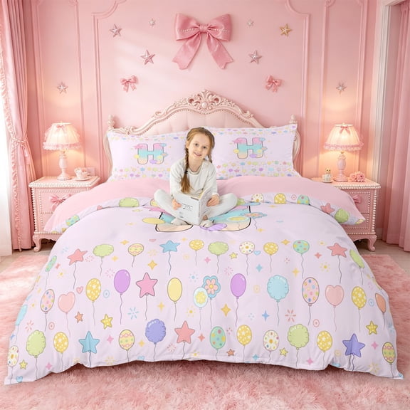 meiyoeat Gradient Personalized Monogram Bedding,Balloon Rainbow Alphabet Initial Art Duvet Cover Full For Girl,Pink Reversible,3-Piece,1 Duvet Cover and 2 Pillowcases