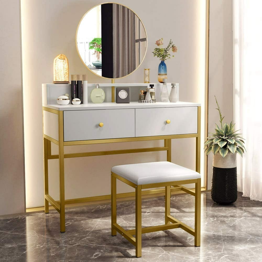 Tribesigns Large Vanity Set with Round Mirror and Cushioned Stool, Makeup Vanity and Stool Set 