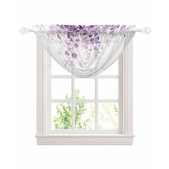 Waterfall Valances for Windows, Purple Eucalyptus Kitchen Sheer Valance Curtains, Spring Botanical Plant Aesthetic Rod Pocket Elegant Swag Valances for Living Room Bedroom, 47.2"x38.5", 1 Panel