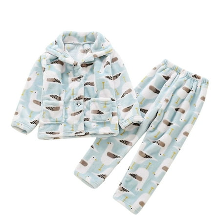 

Toddler Kids Baby Boys and Girls Autumn and Winter Fleece Sleepwear Outfits Cute Cartoon Print Flannel Lapel Button Top Pants Pajamas Children s Casual Warm Home Wear