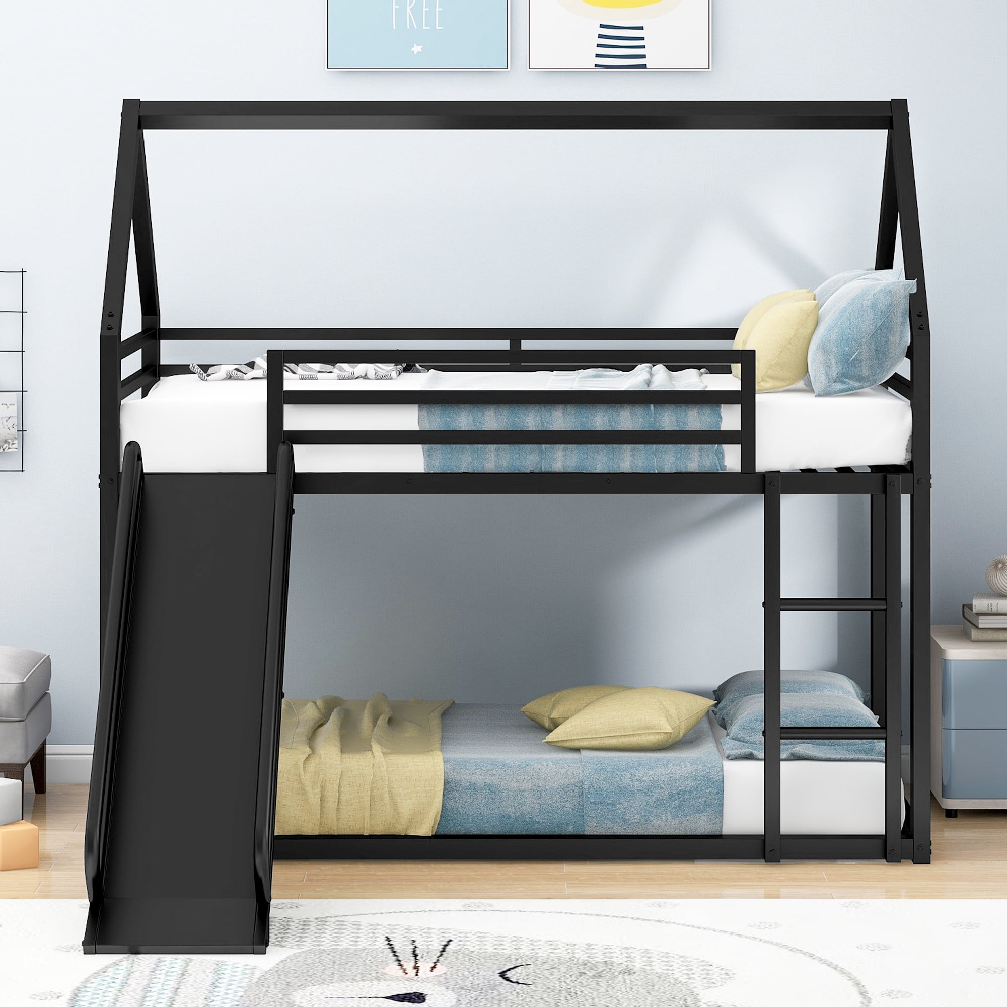 Euroco Twin over Twin House Bunk Bed with Ladder and Slide for Kids Teens Bedroom, Black