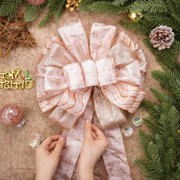 Elegant RoseGold Christmas Tree Topper – Glitter Satin Star with Flowing Mesh Streamers, Festive Holiday Decor