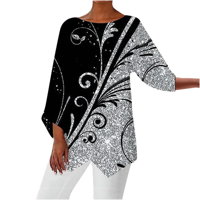 Pompotops T-shirt Imprimé pour Femmes, Manches 3/4 Mi-Longues, Col Rond, Décontracté, Liquidation