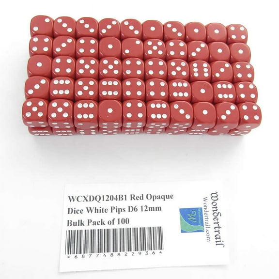 Red Opaque Dice with White Pips D6 12mm (1/2in) Bulk Pack of 100 Wondertrail