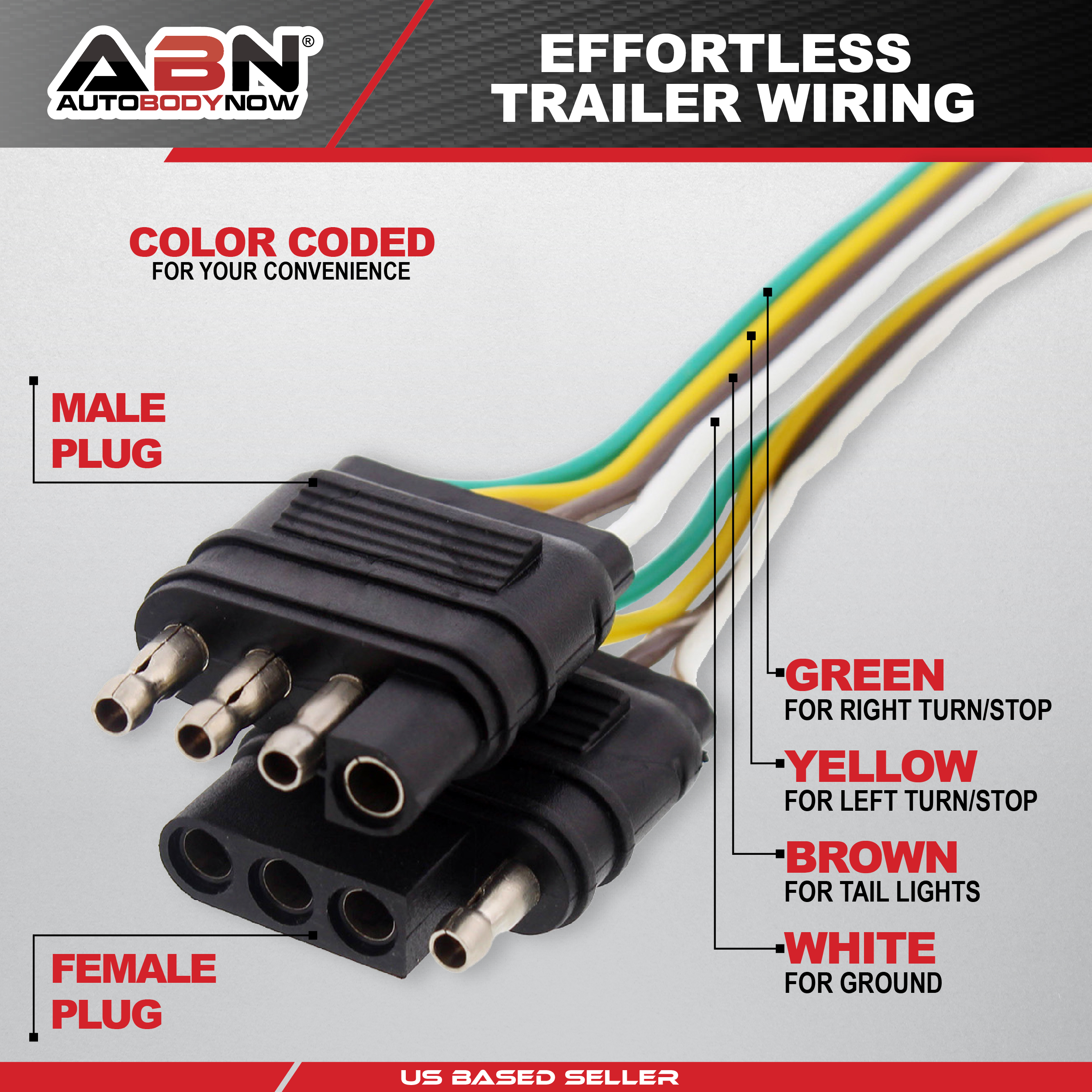 ABN 1909 - 4 Way 4 Pin Plug 20 Gauge Trailer Light Wiring Harness Extension 8ft - image 3 of 7