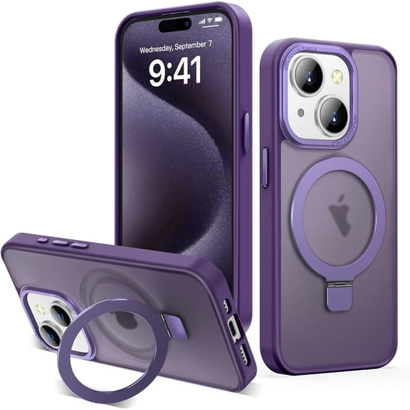 Case for iPhone 15 Plus with Invisible Magnetic O-Stand, iPhone 15 Plus Phone Case 6.7" with Big Ring Holder [Compatible with Magsafe & Raised Bezels & Metal Buttons], Purple