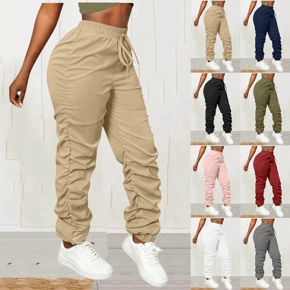 Frostluinai Women's Ruched Chino Pants Casual Elastic High Waist Cargo Pant Solid Cinch Bottom Joggers Trousers with Pockets
