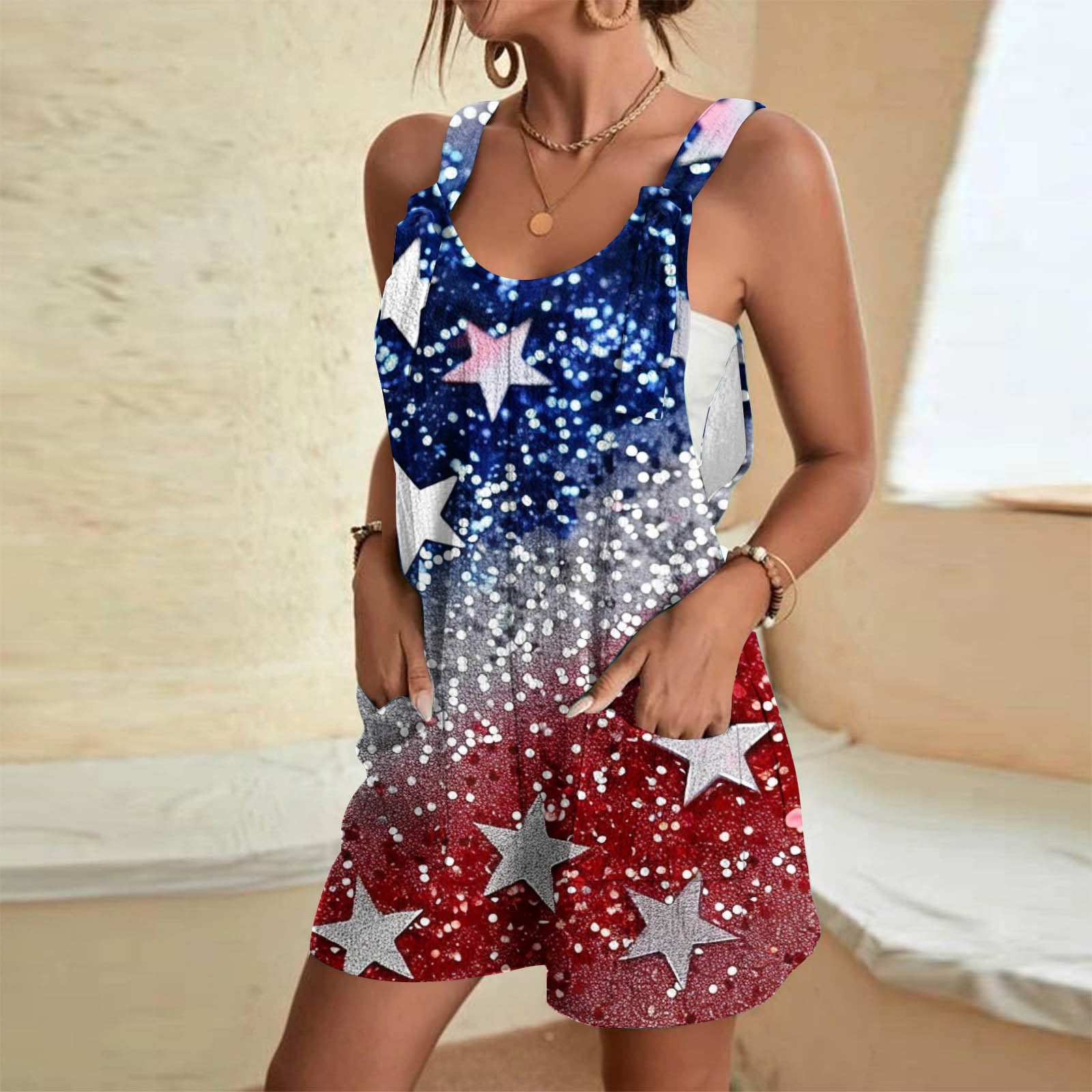 Moxiu Womens Independence Day Shorts Romper American Flag Overalls