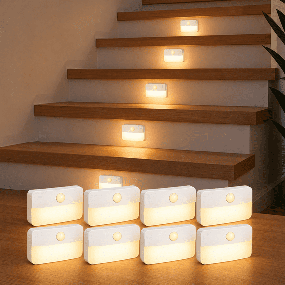 Maylit 8 Pack Motion Sensor Stair Light for Indoor, Battery Operated Closet Lights, Wireless Stick on Anywhere Hallway Lamp, Portable Led Night Lamps for Bedroom Under Cabinet Kitchen