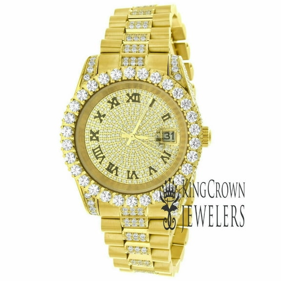 Roman Numbers Dial Full Stainless Steel Solitaire Simulated Diamond Presidential Link Watch 41mm