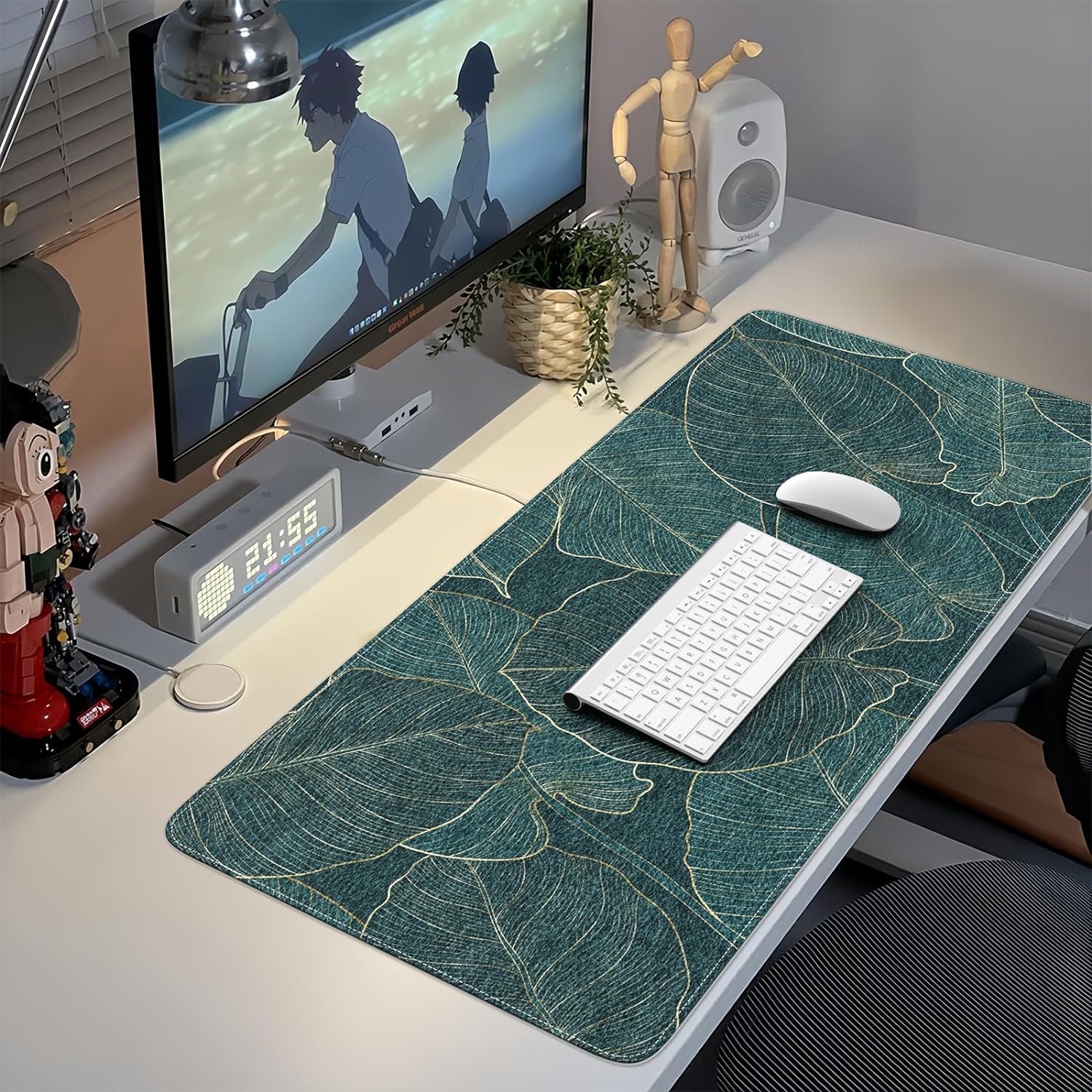 Felt Desk Mat, XXL Large Mouse Pad Desk Pad, Gaming Mousepad, Non-Slip Base, No Any Smell Desk Protector Cover Mat for Computer Keyboard Work Game Office Home-Green Leaf