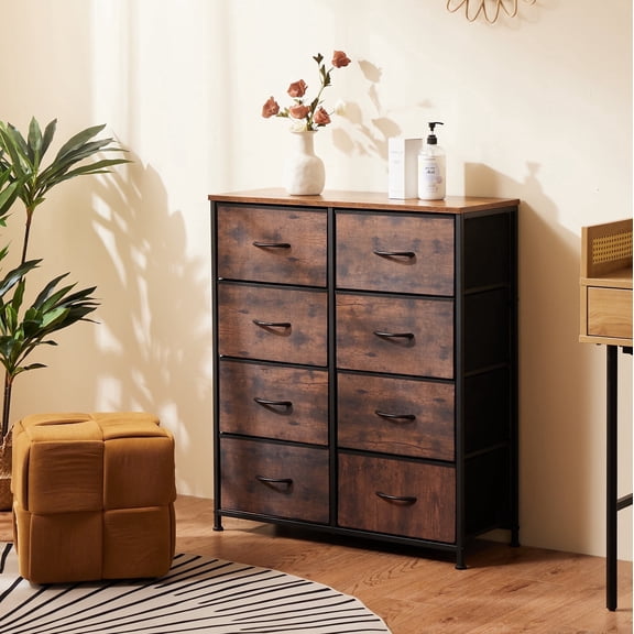 EDX Fabric Dresser for Bedroom, Cloth Dresser with 8 Drawers, Metal Frame, Wood Tabletop, Rustic Brown