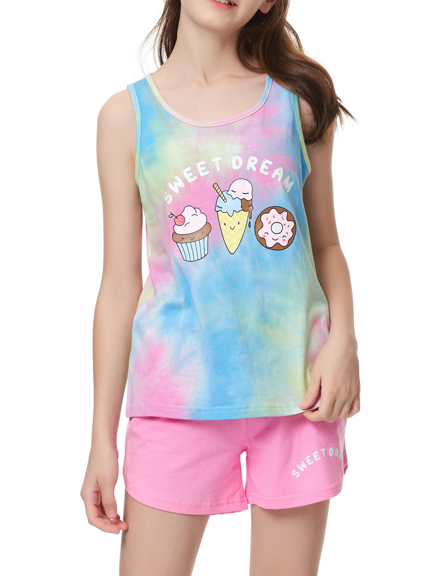 Beezizac 2-Piece Girls Sleepover Tie Dye Tank Top & Shorts Pajama, Size 6-18