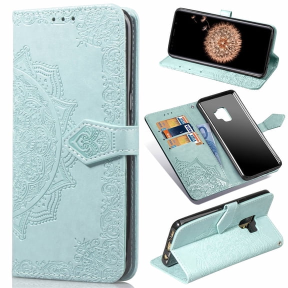 Galaxy S9 Wallet Cases and Covers, Allytech Slim Premium PU Flip Stand Cover Mandala Embossed Full Body Protection with Card Holder Magnetic Closure for Samsung Galaxy S9 Phone, Green