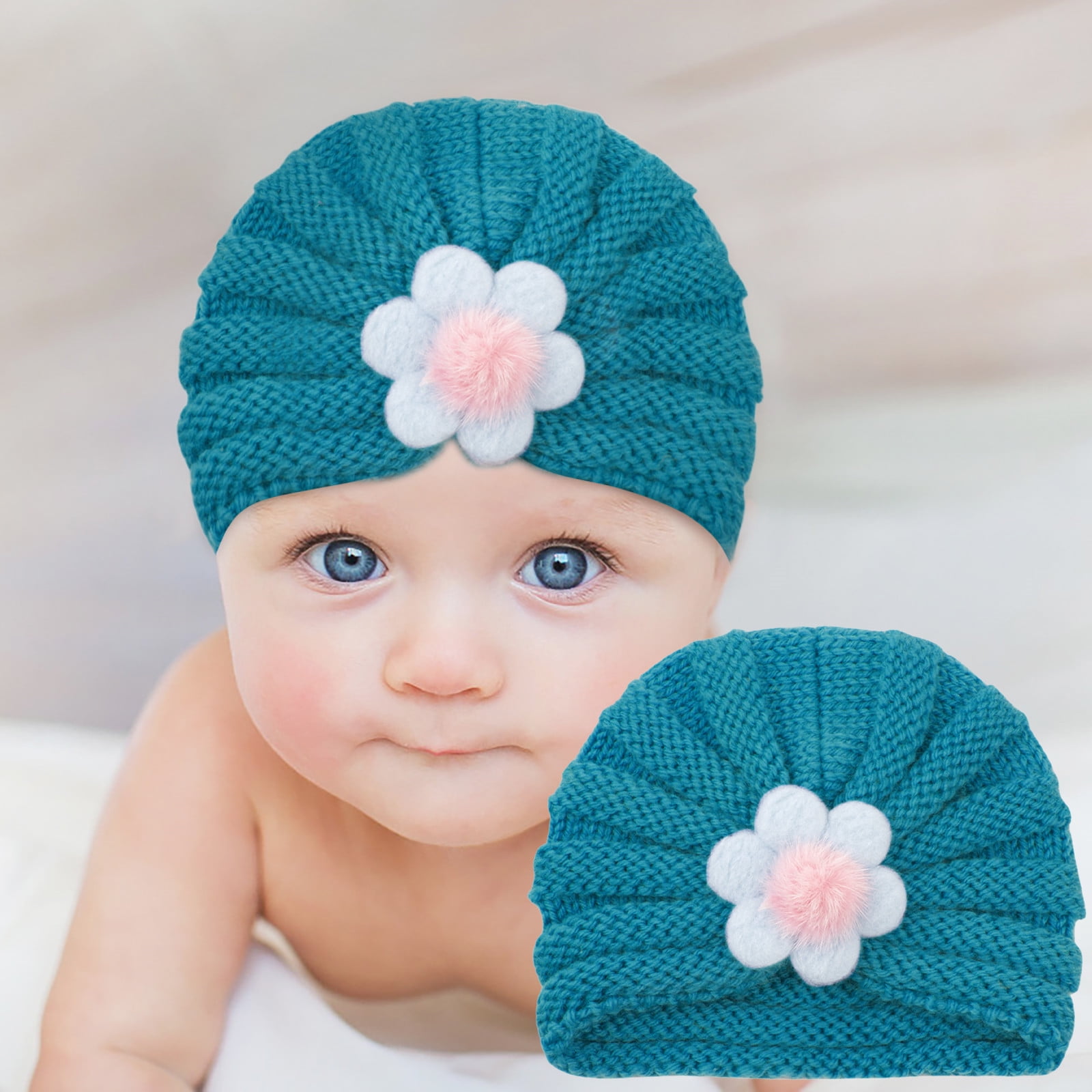 Wentin Baby Girls Knitted Wool Turban Hat Flower Head Wrap Newborn