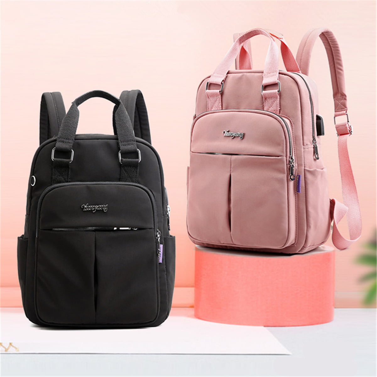 Ins Fashion Backpack Multi-Purpose Bag School Bag PVC Dispaly Pokect Shoulder Bag Black 
