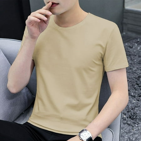 

ALSLIAO Stretch Round-Neck Basic Tops Mens Seamless Thin Undershirts Summer T Shirt Apricot M