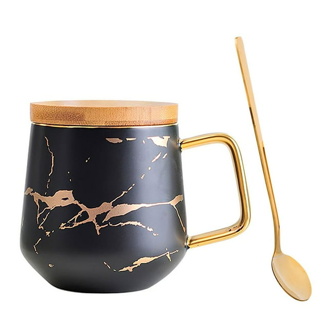 Coffee Cup Set Delicate Mable Texture Ceramic Tea Cup with Cup Holder and Spoon Ergonomic 400ml Tea Cup Coffee Container