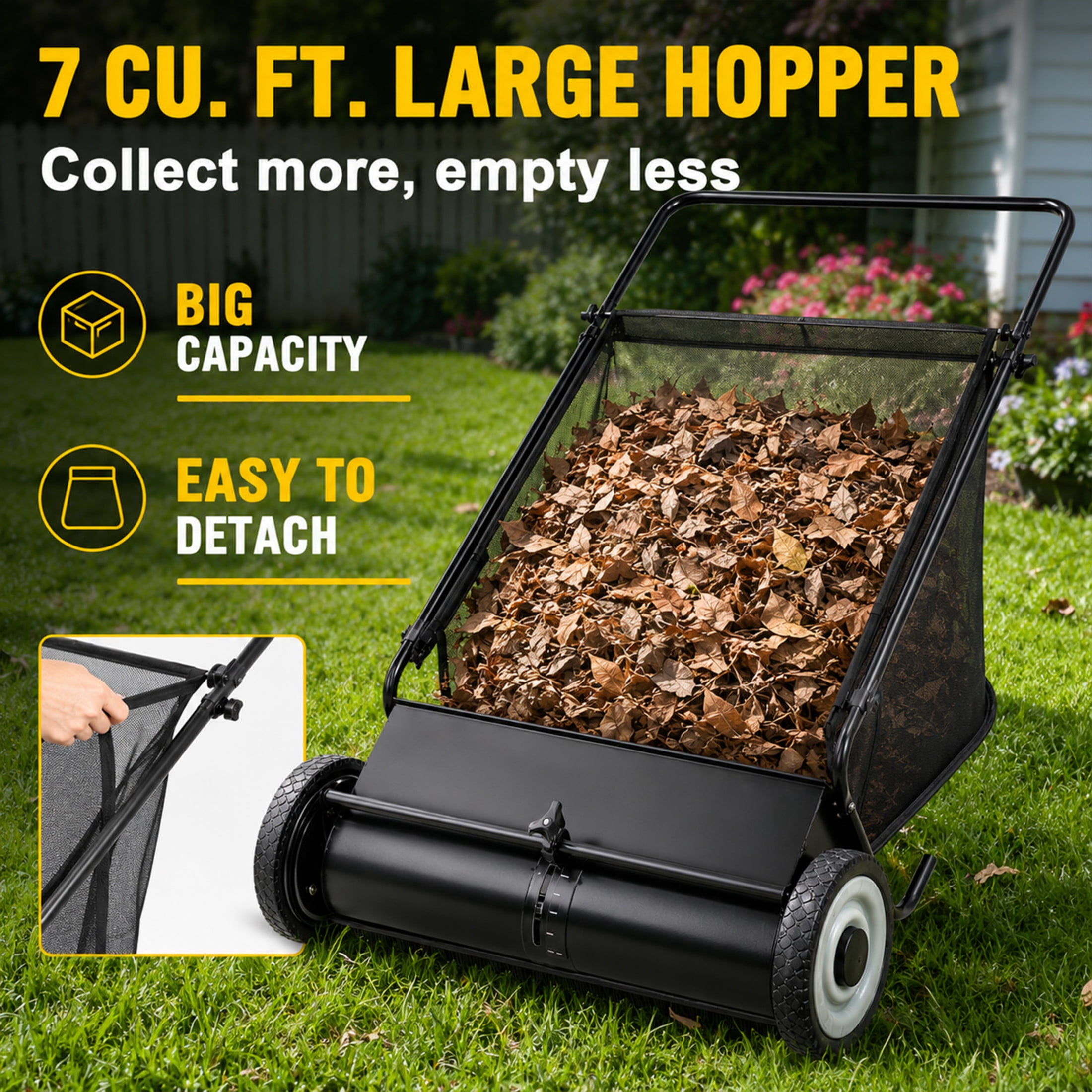 GDF Studio 26" Push Lawn Sweeper with 7 Cu. Ft. Large Hopper & 4 Rotating Brushes, Heavy-Duty Steel Frame, Black