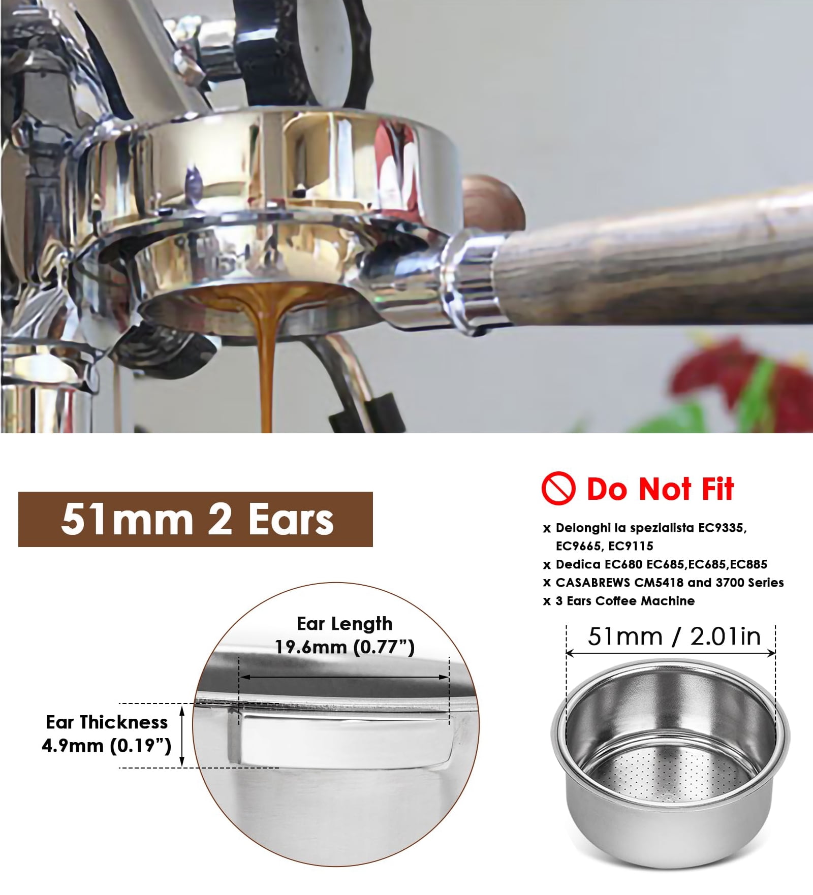 51mm Bottomless Portafilter for Delonghi ECP3420, EC155, BCO430, EC260 | 2 Ears Stainless Steel with Walnut Handle & Double Shot Basket(51MM forDelonghi ECP3420/EC155 | 2 Ears)