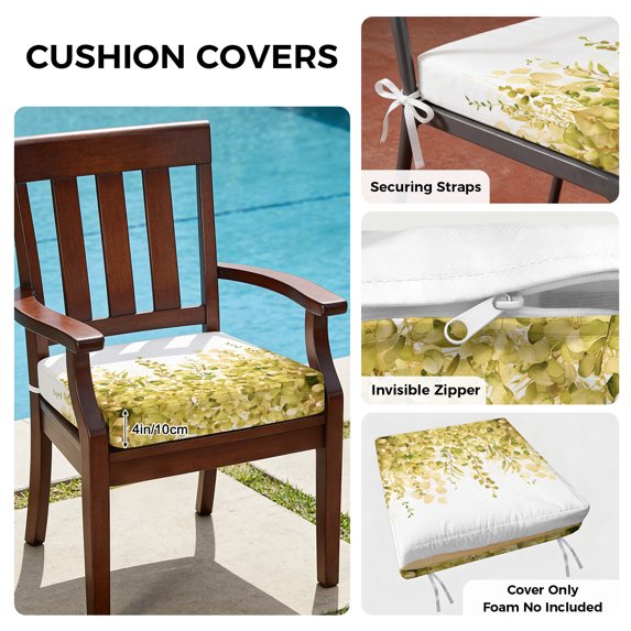 Outdoor Patio Cushion Covers 4 Pack Yellow Eucalyptus Patio Chair Cushion Covers with Ties and Zipper Watercolor Leaves Waterproof Outdoor Seat Cushion Covers for Patio Furniture 22"x22"