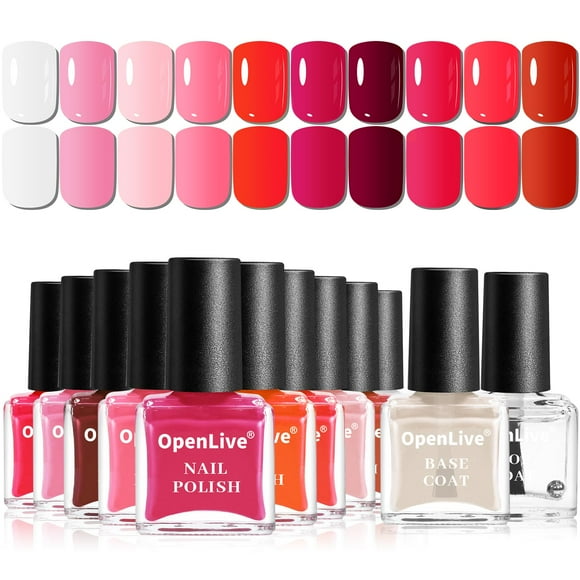 Set de Esmaltes de Uñas OpenLive 12 PCS Colores Rosados con Base y Top Coat
