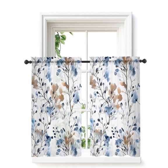 Blue Brown Spring Floral Curtains 45 Inch Length, Sheer Curtains for Bedroom Living Room Window Summer Botanical Art Rod Pocket Voile Drapes Kitchen Curtains Small Half Window 42"x45" 2 Panels