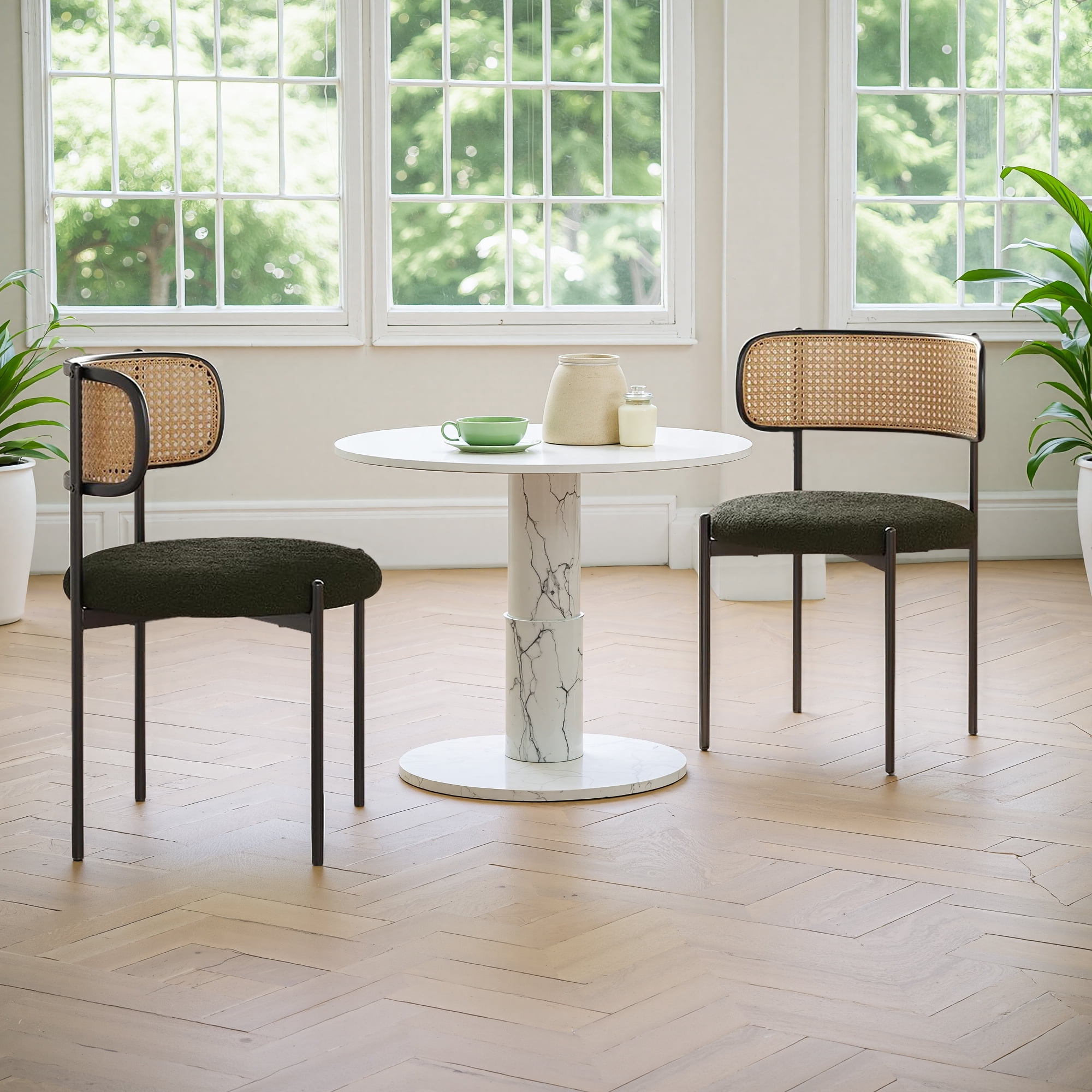 MAYEERTY 2-Pack Green Modern Upholstered Dining Chairs, Rattan Back, Metal Legs, Kitchen Accent