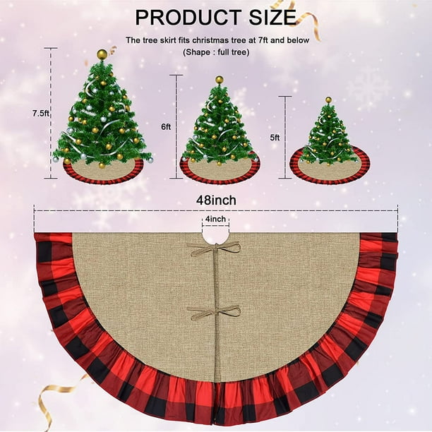 Christmas Tree Skirt Burlap Christmas Ornaments Black and Red Gingham Buffalo Plaid Ruffle Tree Rug Rustic Farmhouse 48 Inches Large Linen Tree Mat