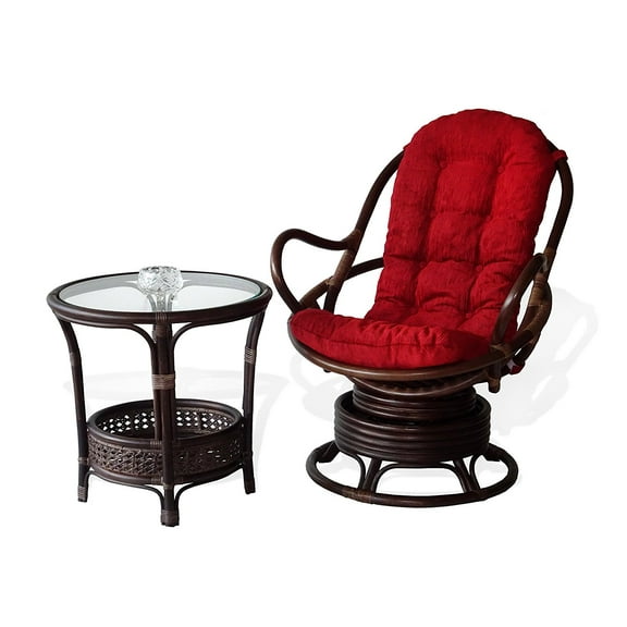 SK New Interiors Set of Swivel Rocking Java Lounge Chair Natural Rattan Wicker w/Burgundy Cushion and Round Coffee Table, Dark Brown