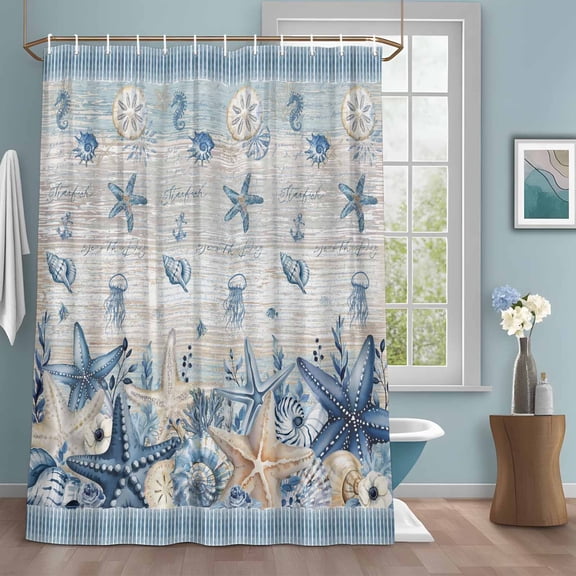 Ocean Starfish Shower Curtains for Bathroom, Coastal Vintage Blue Sea Shell Seahorse Jellyfish Stripe Washable Fabric Shower Curtain with Hooks Waterproof Bathroom Decor Sets, 36 x 78 Inches
