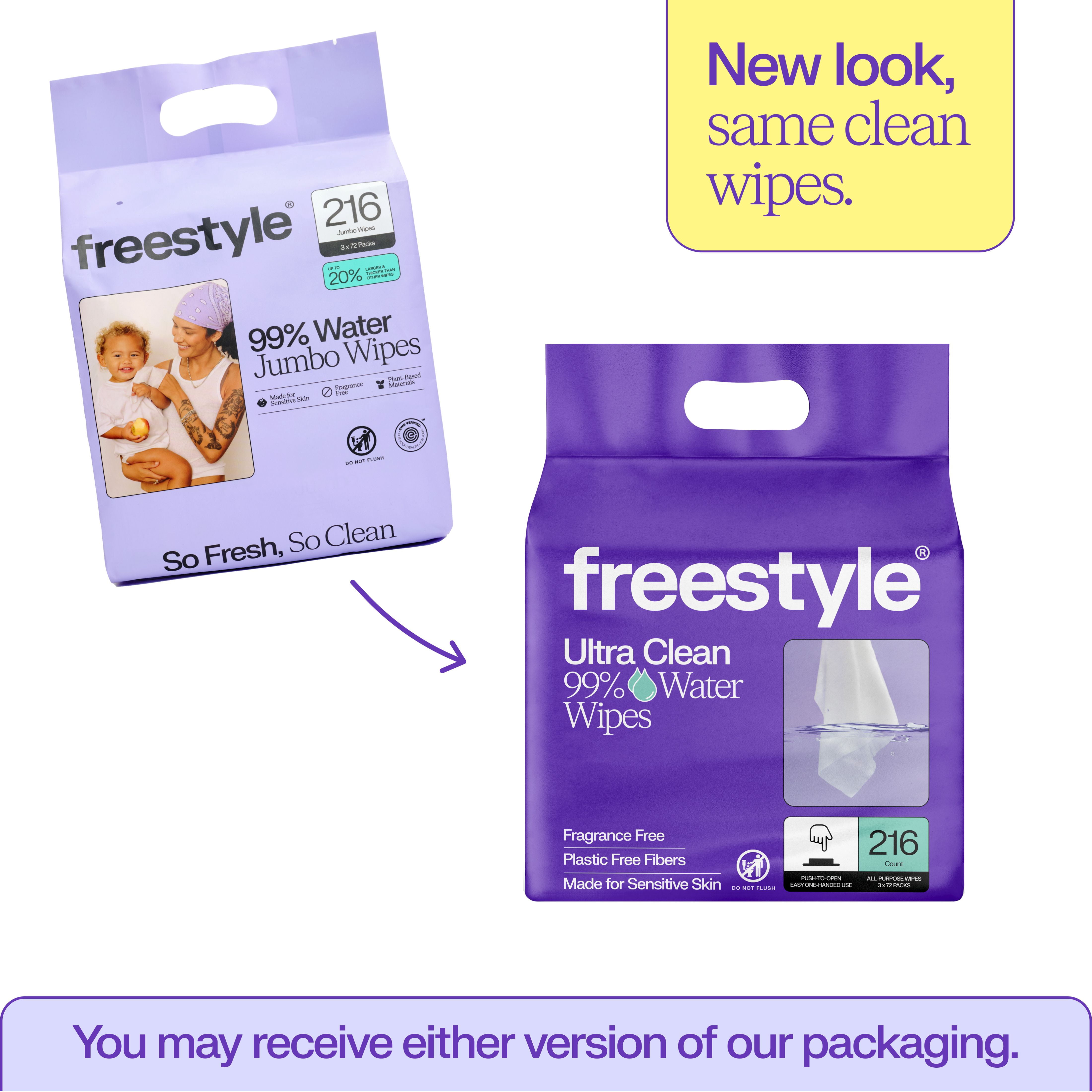 Freestyle Soft Jumbo Baby Wipes for Sensitive Skin, Unscented, 3 Flip-Top Packs, 216 Total Count