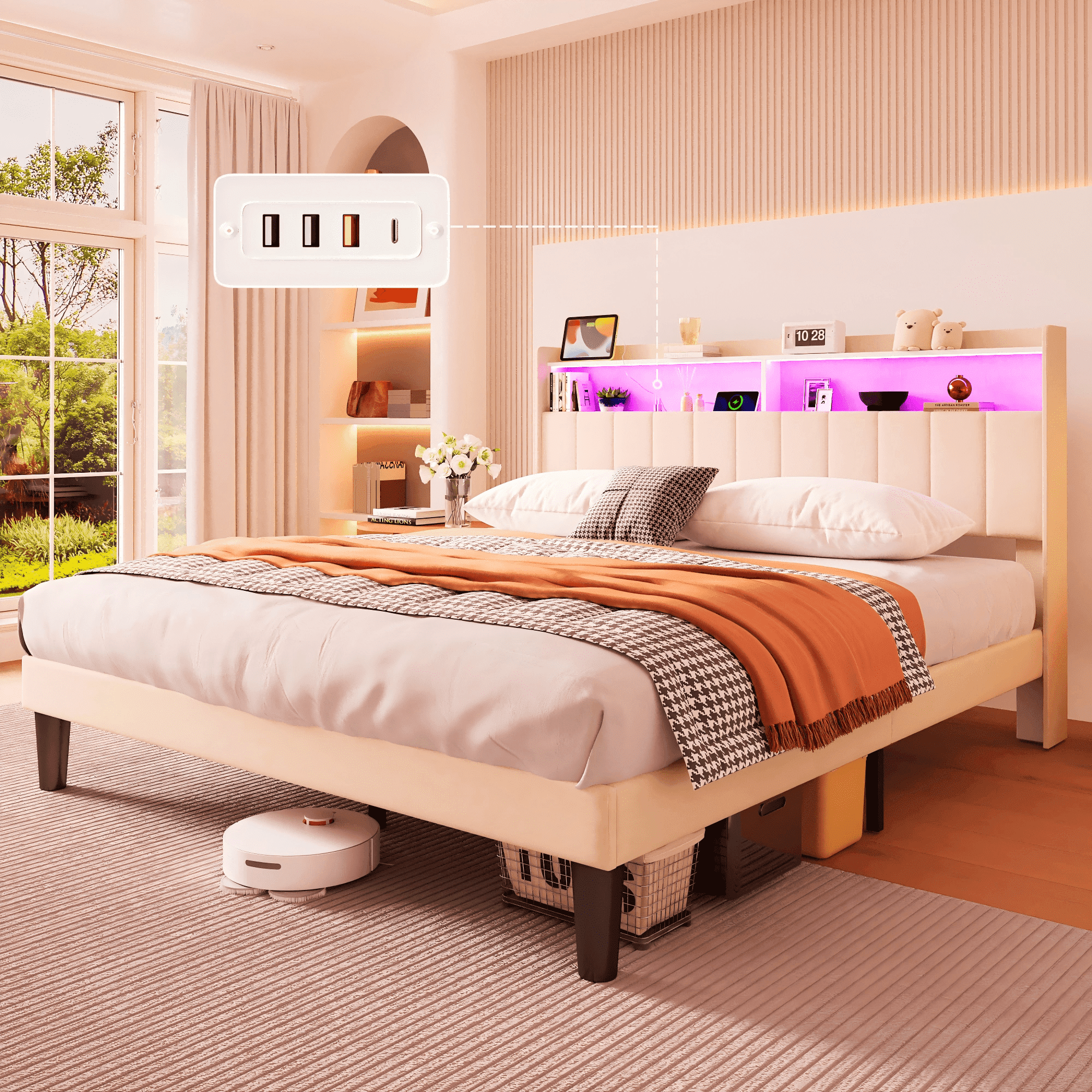 Lofka Full Size Bed Frame with Upholstered Headboard, Metal Bed Frame with Led Lights and Charging Station, App Control, Beige