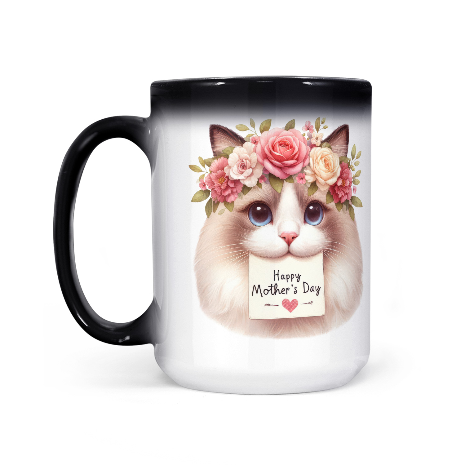 Happy Mother's Day Ragdoll with Flower Crown and Greeting Card Heat Color Changing Mug Cat Lover Kitten Owner Gifts Idea Magic Coffee Mug - 13004