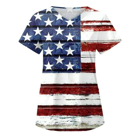 

Women Scrubs Top Summer Independence Day Printed Care V-Neck Working Uniform Nurses Clothing Holiday Female Dailywear Clothing