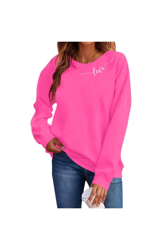 Valentines Sweatshirt Women Lover Heart Print Crewneck Pullover Tops Lightweight Casual Long Sleeve Shirt Hot Pink L