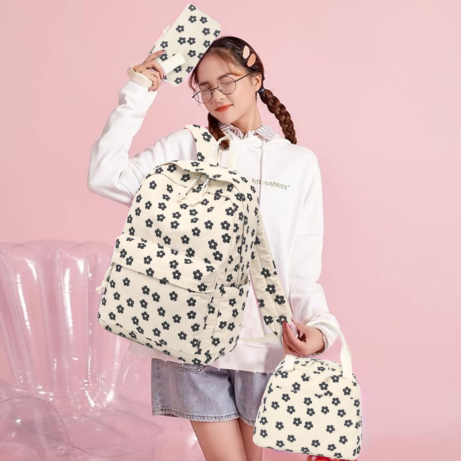 Soda Candy Backpacks for Girls Corduroy 3pcs School Backpack Set with Lunch Bag Pencil Pouch Kids Bookbag for Elementary Middle High School Travel Daypack