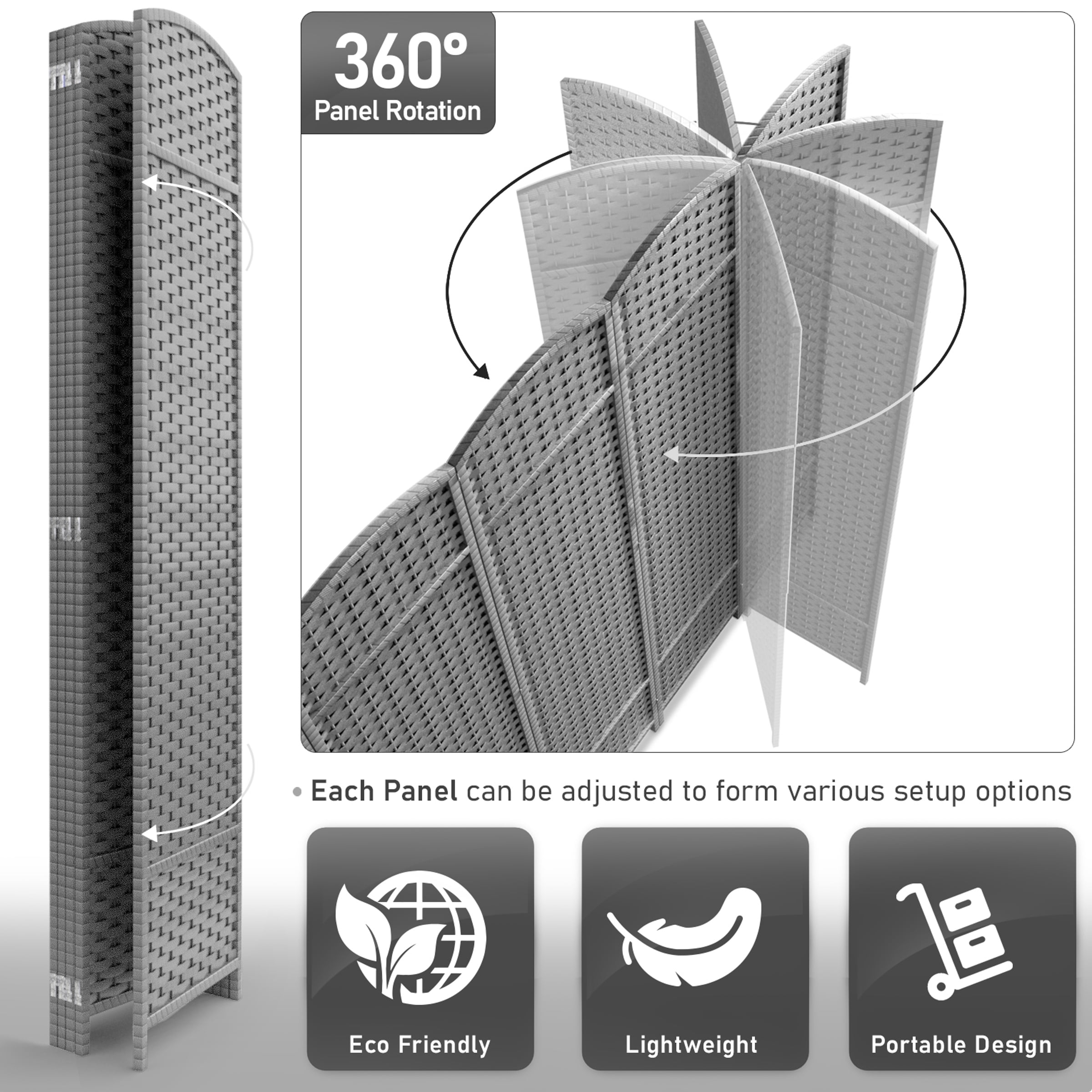 Sorbus 5-Panel Wide Folding Room Divider Privacy Screen, Hand-Woven Lt. Gray Mesh