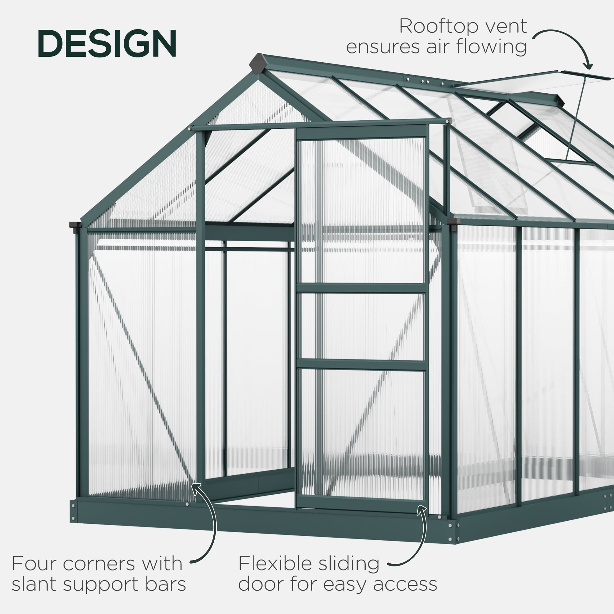 Outsunny 6.2' x 10.3' x 6.6' Polycarbonate Greenhouse, Heavy Duty Outdoor Aluminum Walk-in Green House Kit with Vent & Door, Green