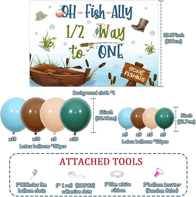 Ofishally 1/2 Way to One Backdrop Fishing Half Birthday Party Decorations Balloon Garland Arch Kit Little Fisherman Half Way to One Bday Decor for Boy Gone Fishing Half Birthday Lakeside Party