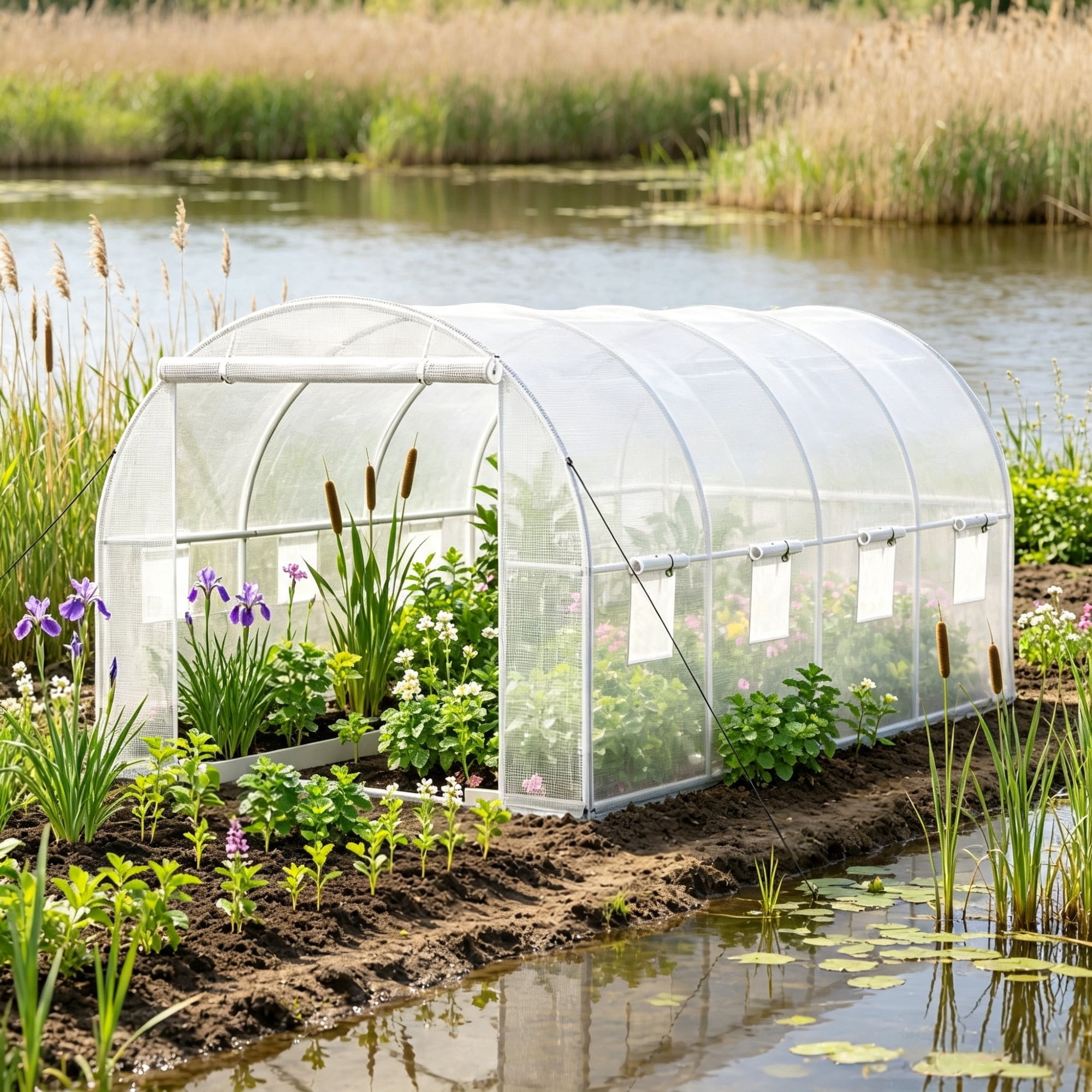 Walk-in Greenhouse, Portable Plant Hot House with Galvanized Steel Hoops, 1 Top Beam & Diagonal Poles, Zippered Door & 8 Roll-up Windows, White 15 x 6.5 x 7ft